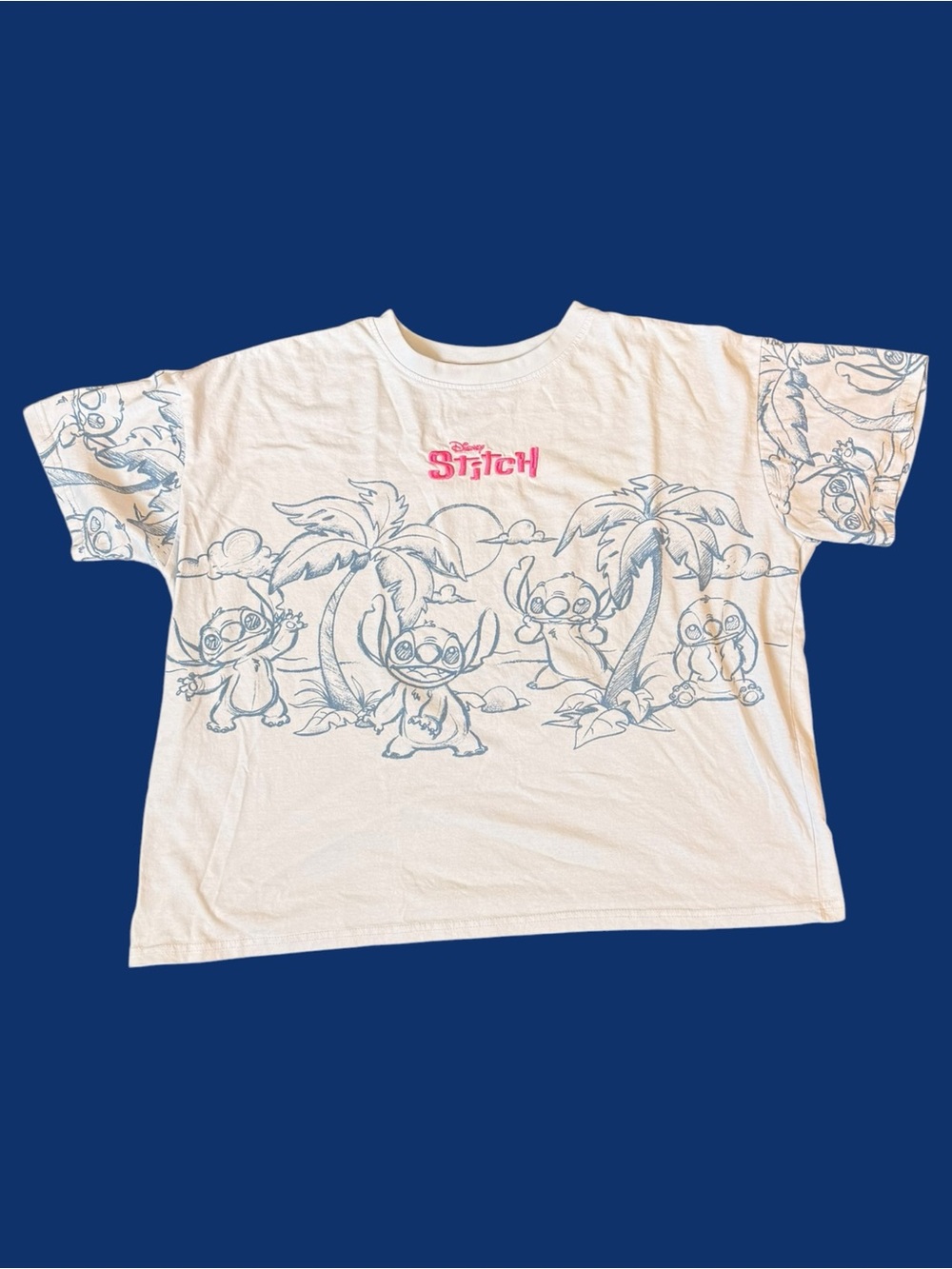 Disney Stitch Graphic Tee | Light Blue Tropical Print | Boxy Short Sleeve XL
